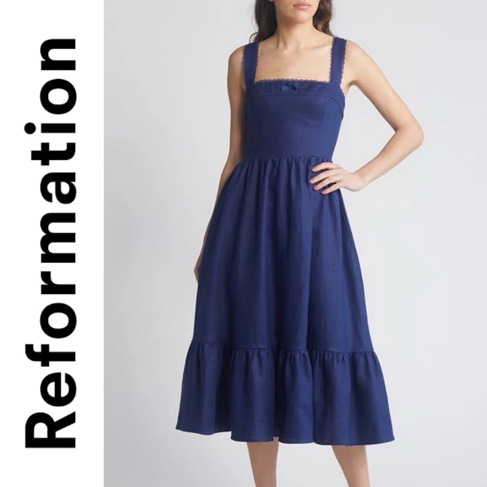 💙 Reformation Rowen Square Neck Smocked Linen Sundress